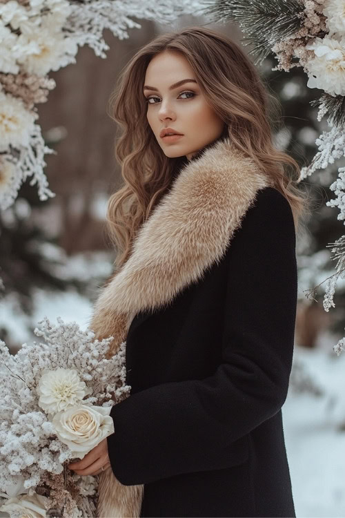 a woman wears a wedding guest dress with a black coat and a fur stole