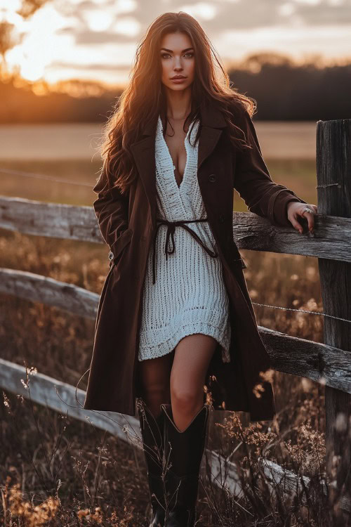 a woman wears a white dress, black cowboy boots and a brown coat