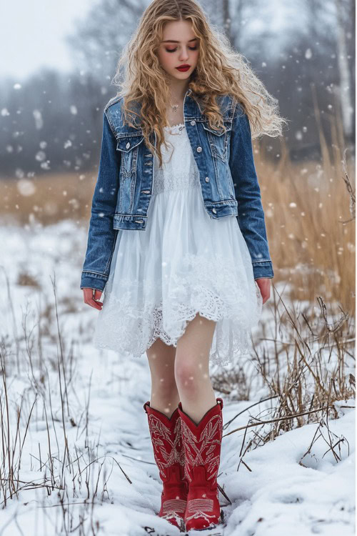 a woman wears a white dress, denim jacket and red cowboy boots