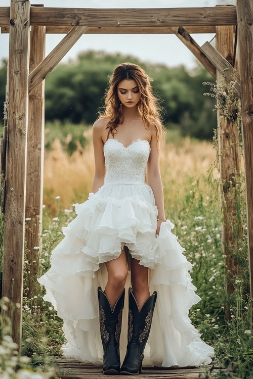 a woman wears a white dress with a tiered ruffled skirt and black cowboy boots