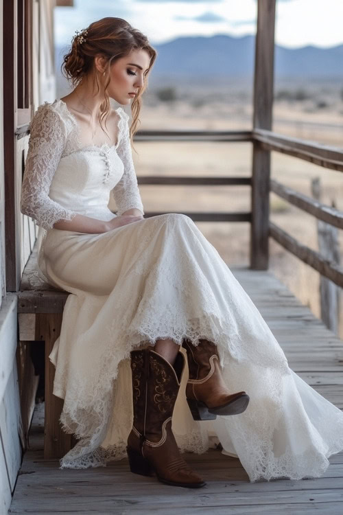 a woman wears a white dress with lace sleeves and brown cowboy boots