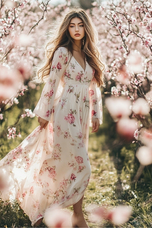 a woman wears a white floral wedding guest dress with long sleeves (2)