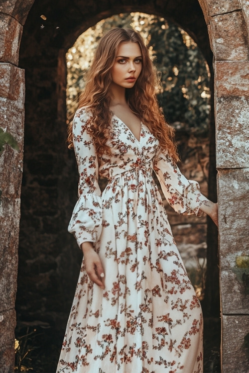 a woman wears a white floral wedding guest dress with long sleeves