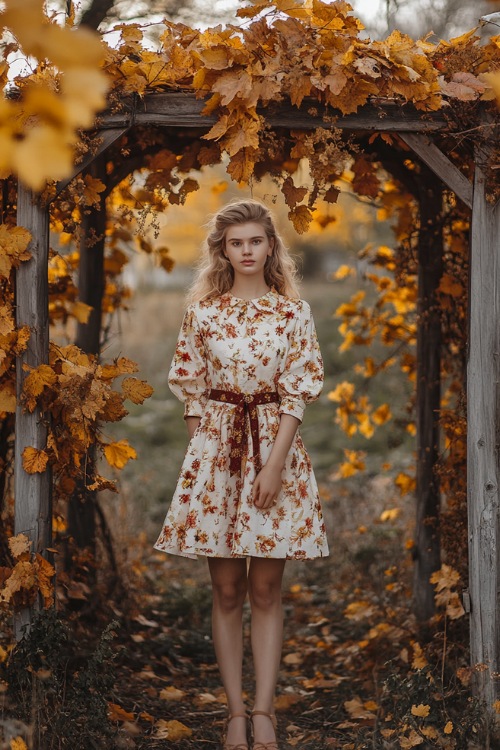 a woman wears a white floral wedding guest dress with sandals