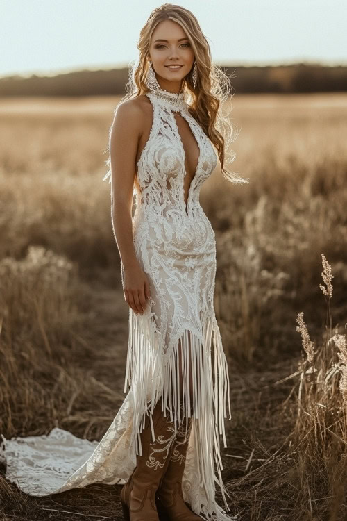 a woman wears a white high neck dress with a keyhole neckline and brown cowboy boots