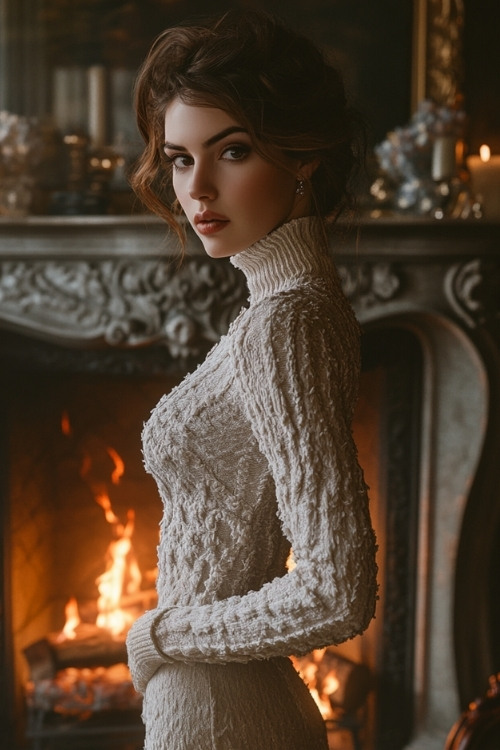 a woman wears a white high-neck knit wedding guest dress with long sleeves