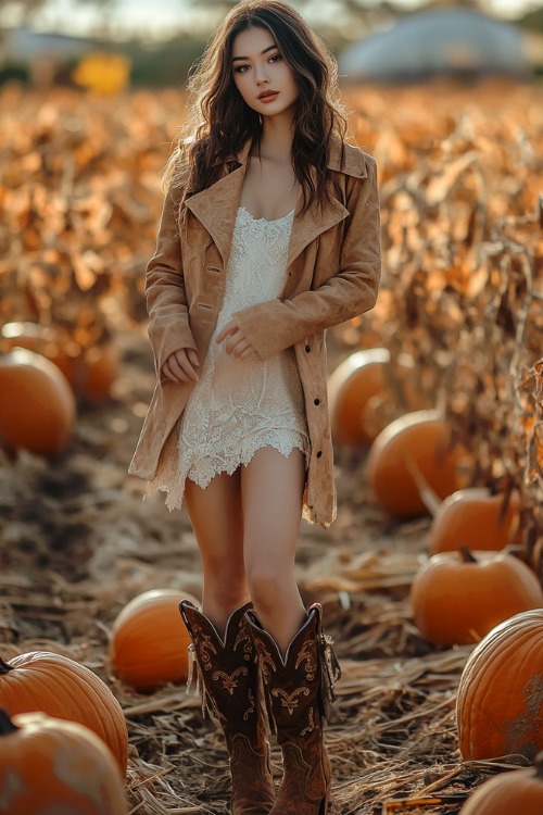 a woman wears a white lace dress, a brown jacket and brown cowboy boots