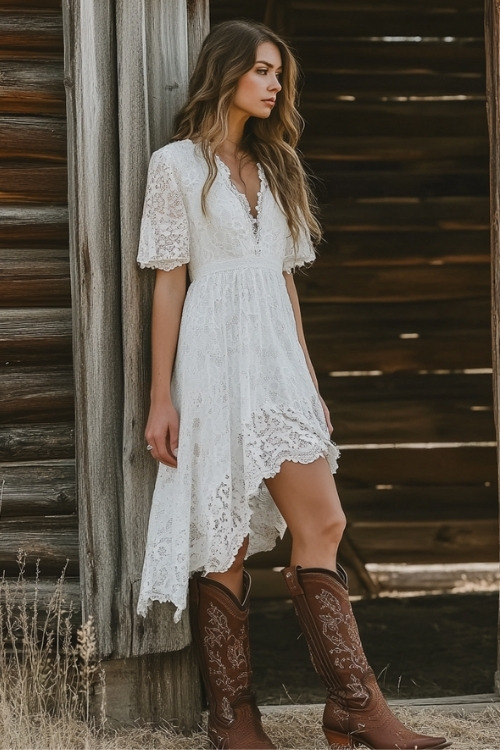 a woman wears a white lace dress and brown cowboy boots