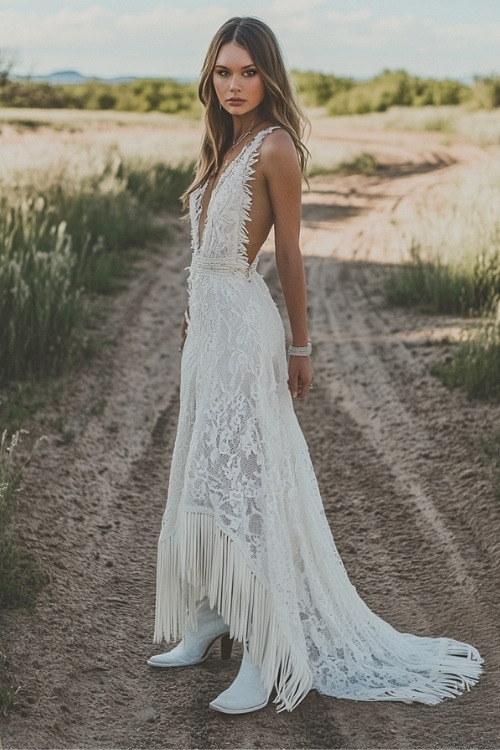 a woman wears a white lace dress with a fringe hemline and white cowboy boots