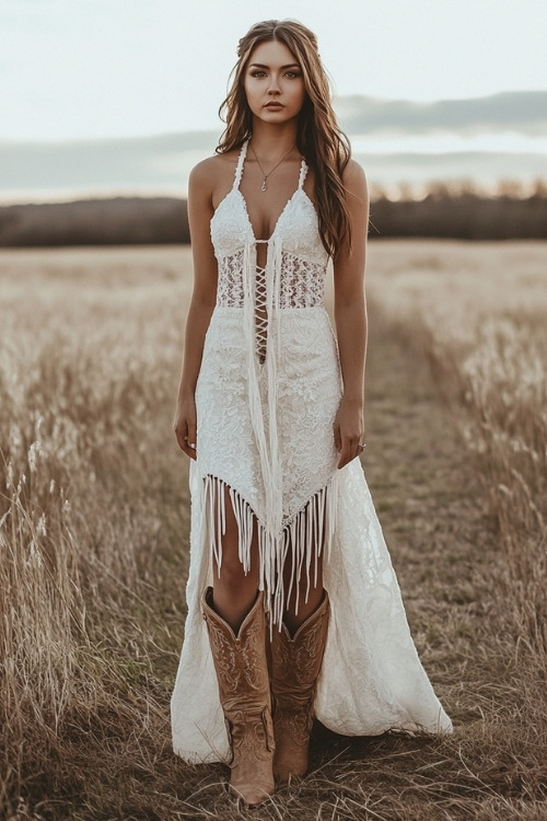 a woman wears a white lace halter dress and brown cowboy boots