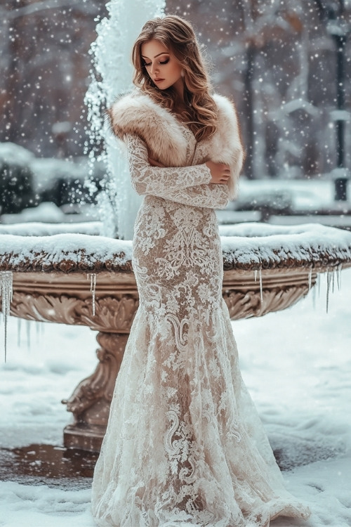 a woman wears a white lace wedding guest dress with long sleeves and a fur stole