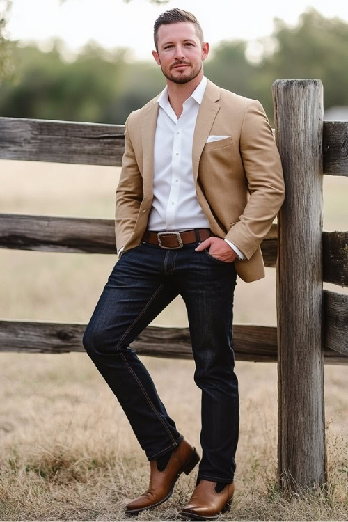 a woman wears a white shirt, beige blazer, jeans and brown cowboy boots