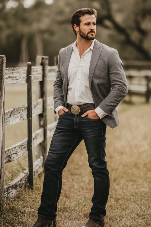 a woman wears a white shirt, gray blazer, jeans and brown cowboy boots