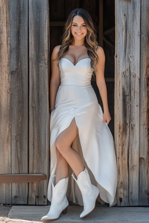 a woman wears a white strapless dress with a high slit and white cowboy boots