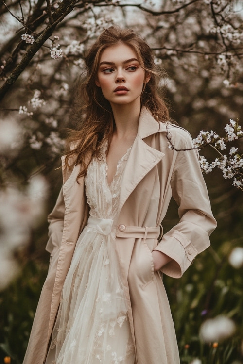 a woman wears a white wedding guest dress with a beige coat