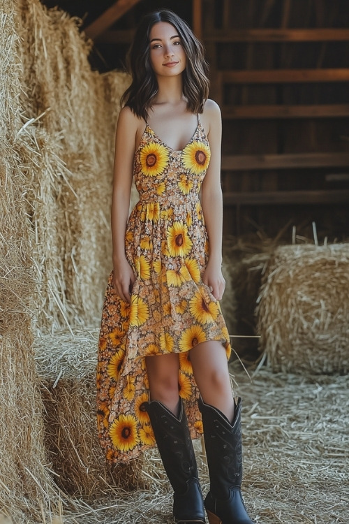 a woman wears a yellow floral dress with a high low hemline and black cowboy boots