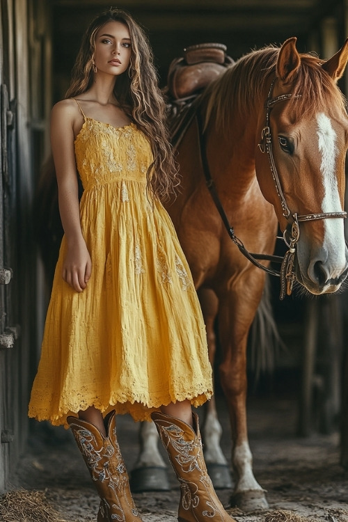 a woman wears a yellow midi dress and tan cowboy boots