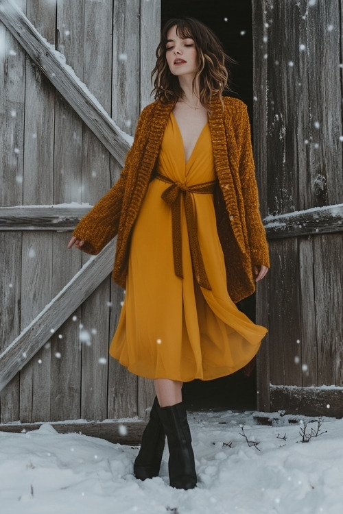 a woman wears a yellow wedding guest dress with a matching cardigan and black boots