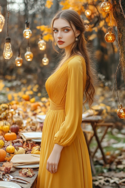 a woman wears a yellow wedding guest dress with long sleeves