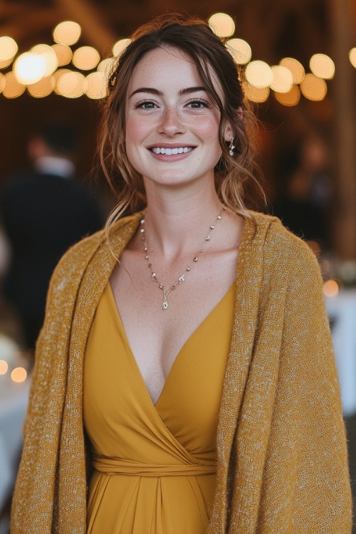 a woman wears a yellow wrap wedding guest dress with a matching shawl