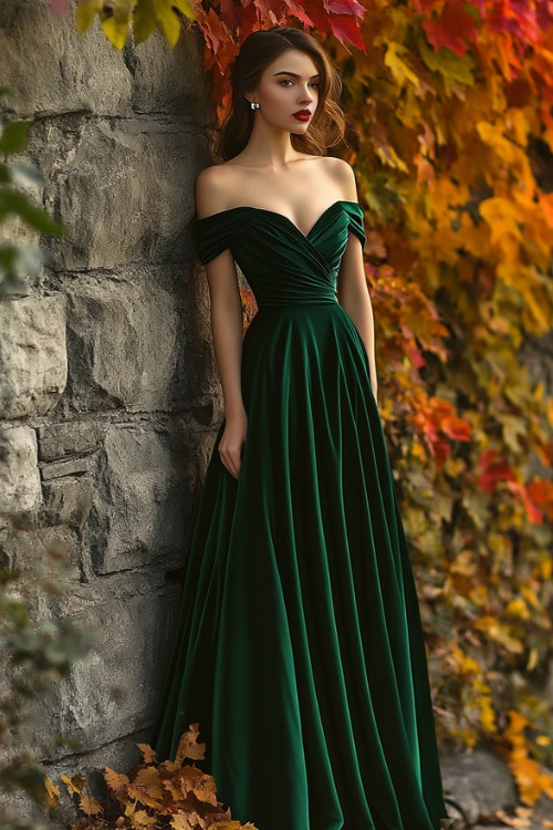 a woman wears an off the shoulder green wedding guest dress with a draped bodice