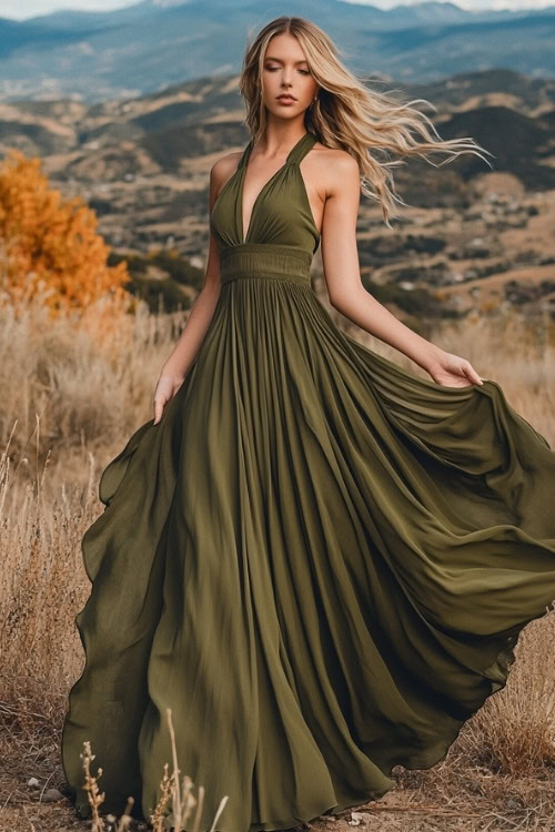 a woman wears an olive green wedding guest dress with a halter neckline