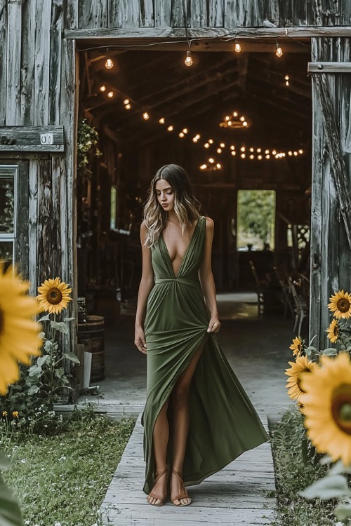 a woman wears an olive green wedding guest dress with a plunging neckline