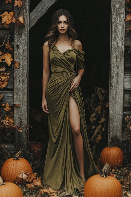 a woman wears an olive green wedding guest dress with a thigh slit