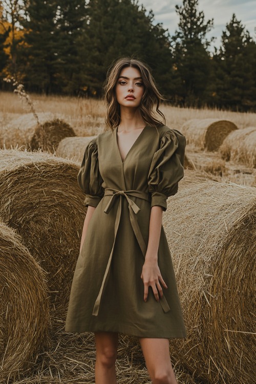 a woman wears an olive green wedding guest dress with puff sleeves