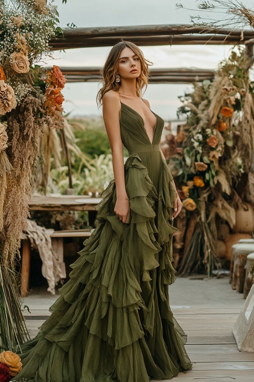 a woman wears an olive green wedding guest dress with ruffles