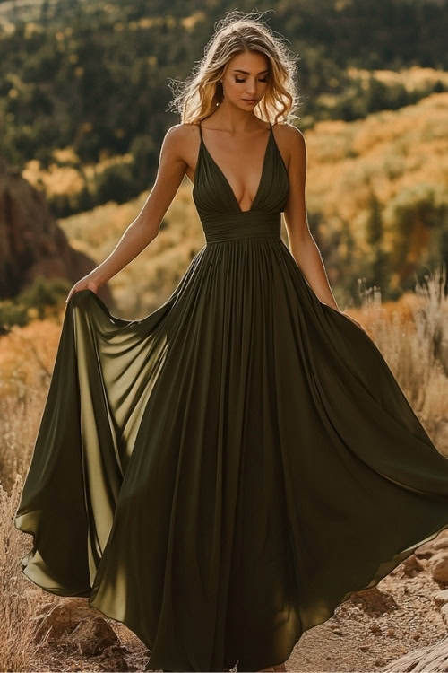 a woman wears an olive green wedding guest dress with thin traps