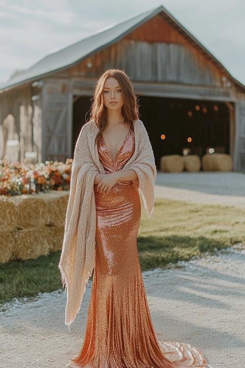 a woman wears an orange sequin wedding guest dress with a beige shawl