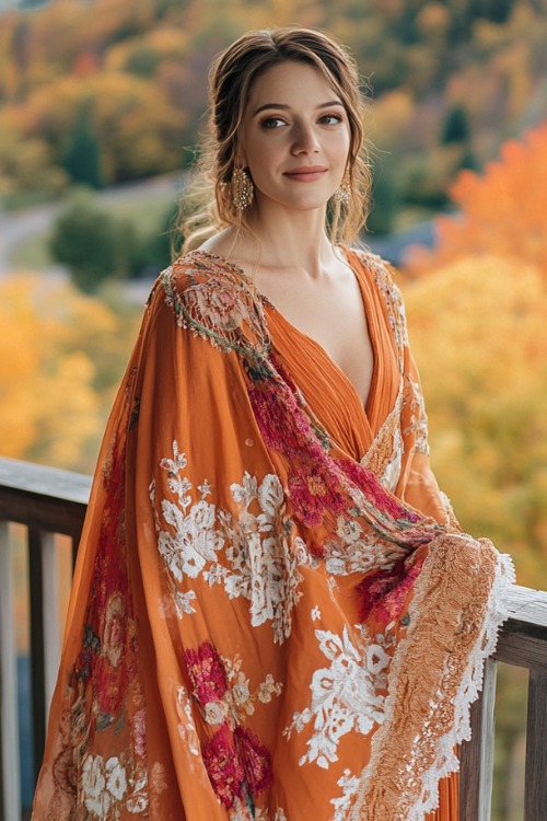 a woman wears an orange wedding guest dress with a pattern orange shawl