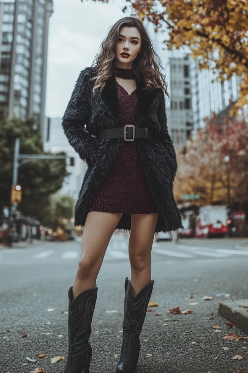 a woman wears black cowboy boots, a dark dress and a black fur coat