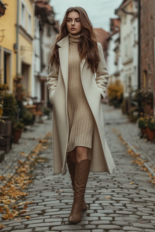 a woman wears brown cowboy boots, a beige sweater dress, a cream trench coat