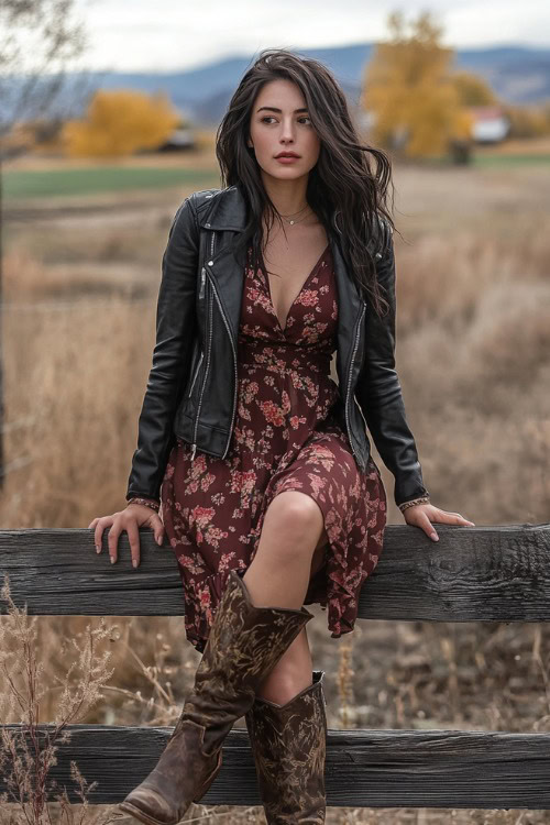 a woman wears brown cowboy boots, a dark red floral dress and a black leather jacket (2)