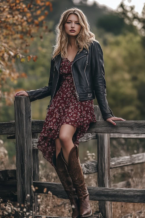 a woman wears brown cowboy boots, a dark red floral dress and a black leather jacket