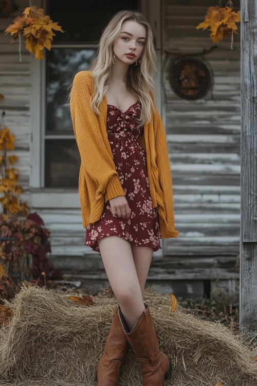 a woman wears brown cowboy boots, a dark red floral dress and a mustard cardigan