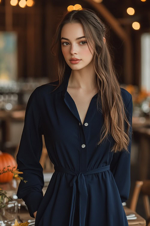 a woman wears long sleeved navy wedding guest dress