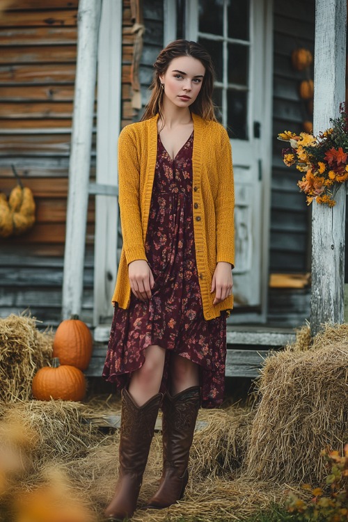 a woman wears tall brown cowboy boots, a dark red floral dress and a mustard cardigan 2