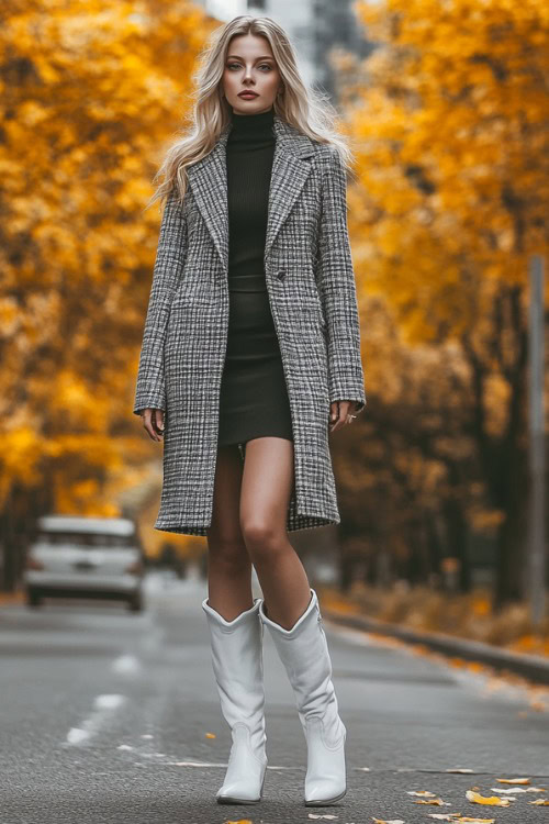 a woman wears white cowboy boots, a black dress and a patterned coat