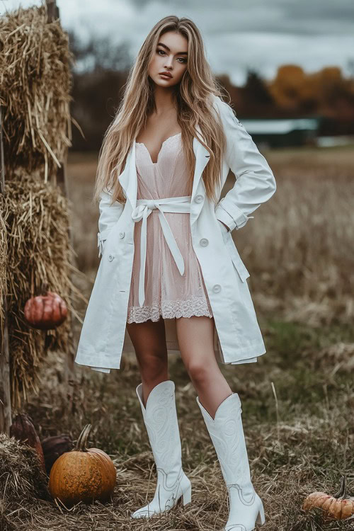 a woman wears white cowboy boots, a light pink dress and a white coat