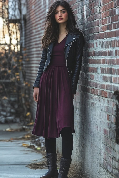 ashion-forward woman wearing a plum-colored dress with long sleeves and a cropped leather jacket, styled with ankle boots