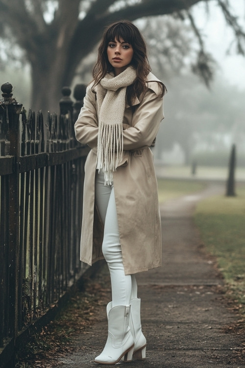 at with a chunky knit scarf, white skinny jeans, and white cowboy boots, posing by a vintage fence in a foggy winter park