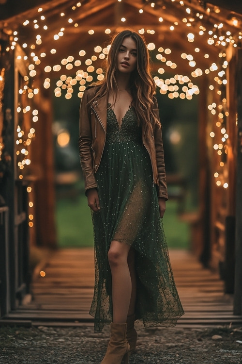 woman wears a green wedding guest dress with a brown leather jacket and ankle boots, standing near a rustic wedding reception entrance with fairy lights