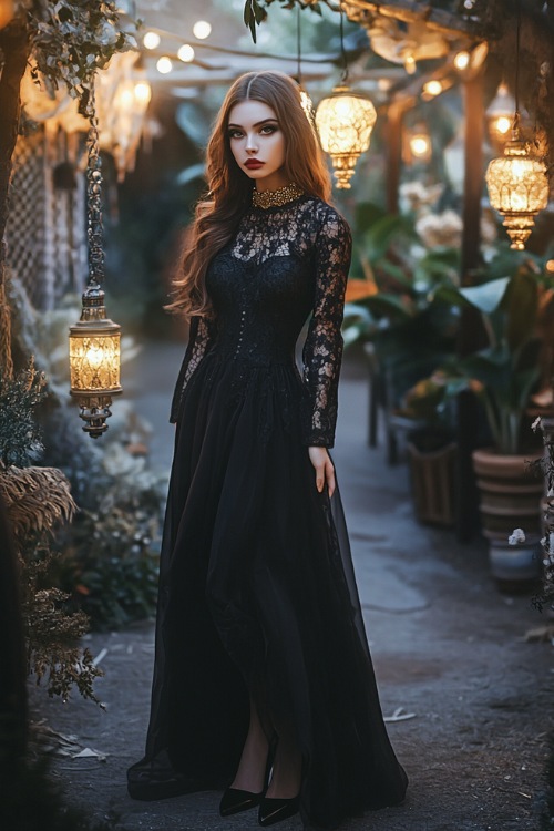 A black maxi dress with long lace sleeves, a scalloped neckline, and a sheer overlay with floral embroidery, paired with velvet pumps and a gold choker