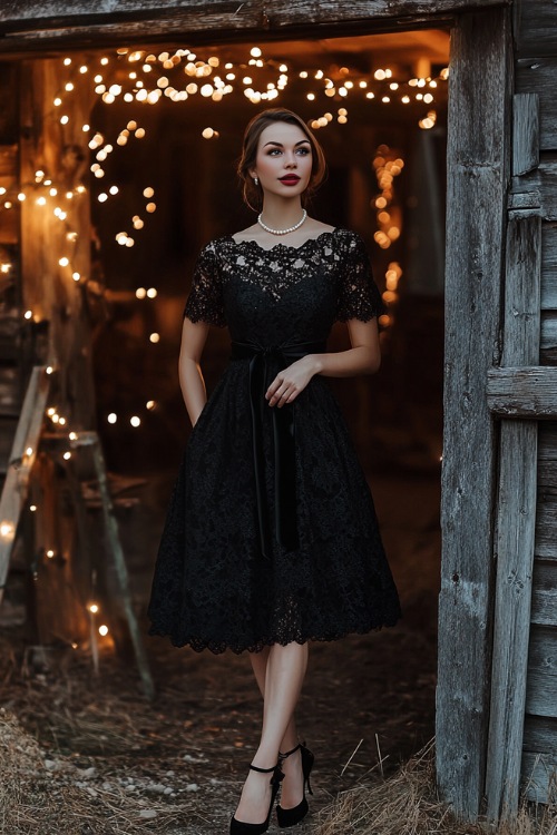 A black midi dress with cap sleeves, a lace overlay, and a belted waist, styled with black pumps, a matching scarf, and a pearl necklace