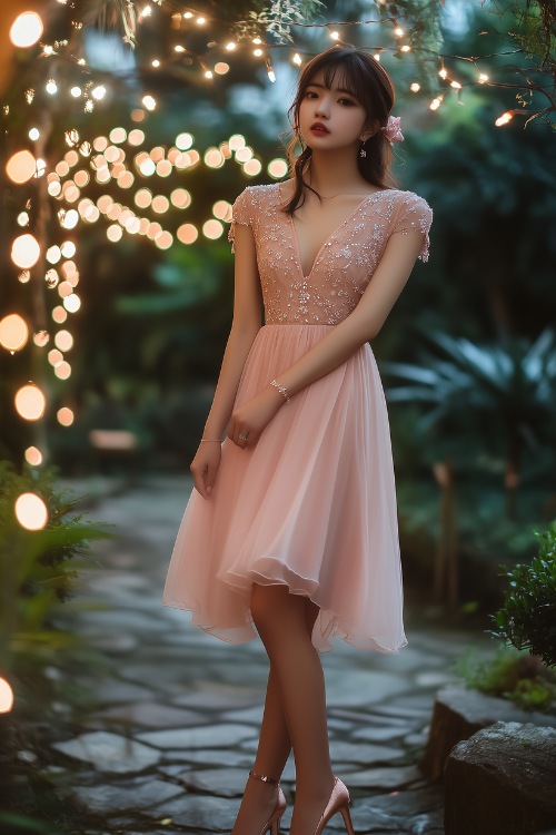 A blush pink fit-and-flare dress with an embroidered bodice and cap sleeves, styled with rose gold heels and a delicate bracelet