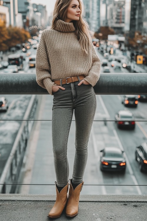 A casual outfit featuring tan ankle cowboy boots, charcoal grey skinny jeans, and an oversized beige sweater with a belt cinched at the waist