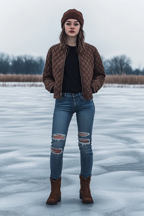 A casual winter ensemble featuring dark brown short cowboy boots, a quilted jacket, ripped jeans, and a knitted beanie, set against a frozen lake backdrop